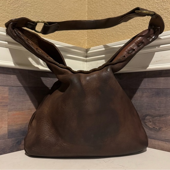 Vintage handmade Leather 70s Bag Fold Over Top Bohemian Metal Hardware - Picture 1 of 7